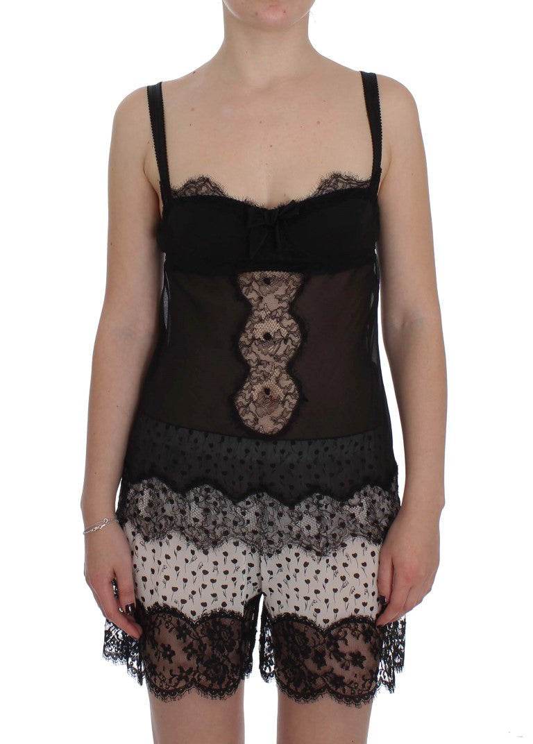 Top de lencería de seda negra con encaje floral Dolce & Gabbana
