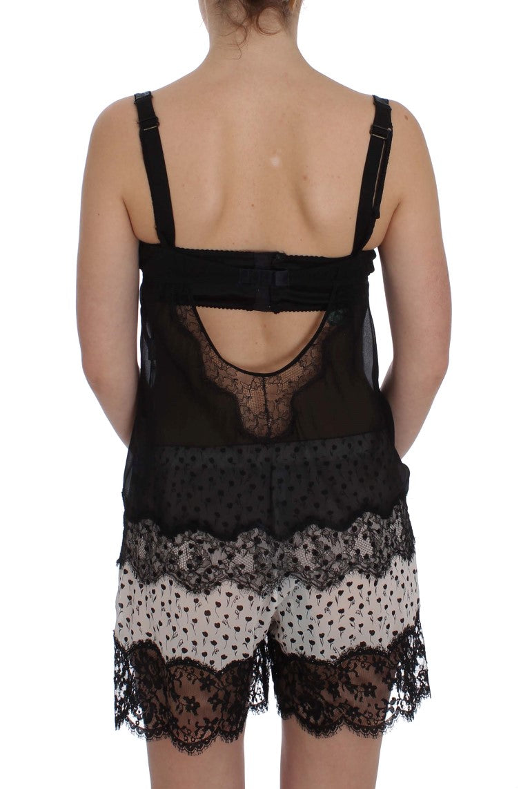 Top de lencería de seda negra con encaje floral Dolce & Gabbana