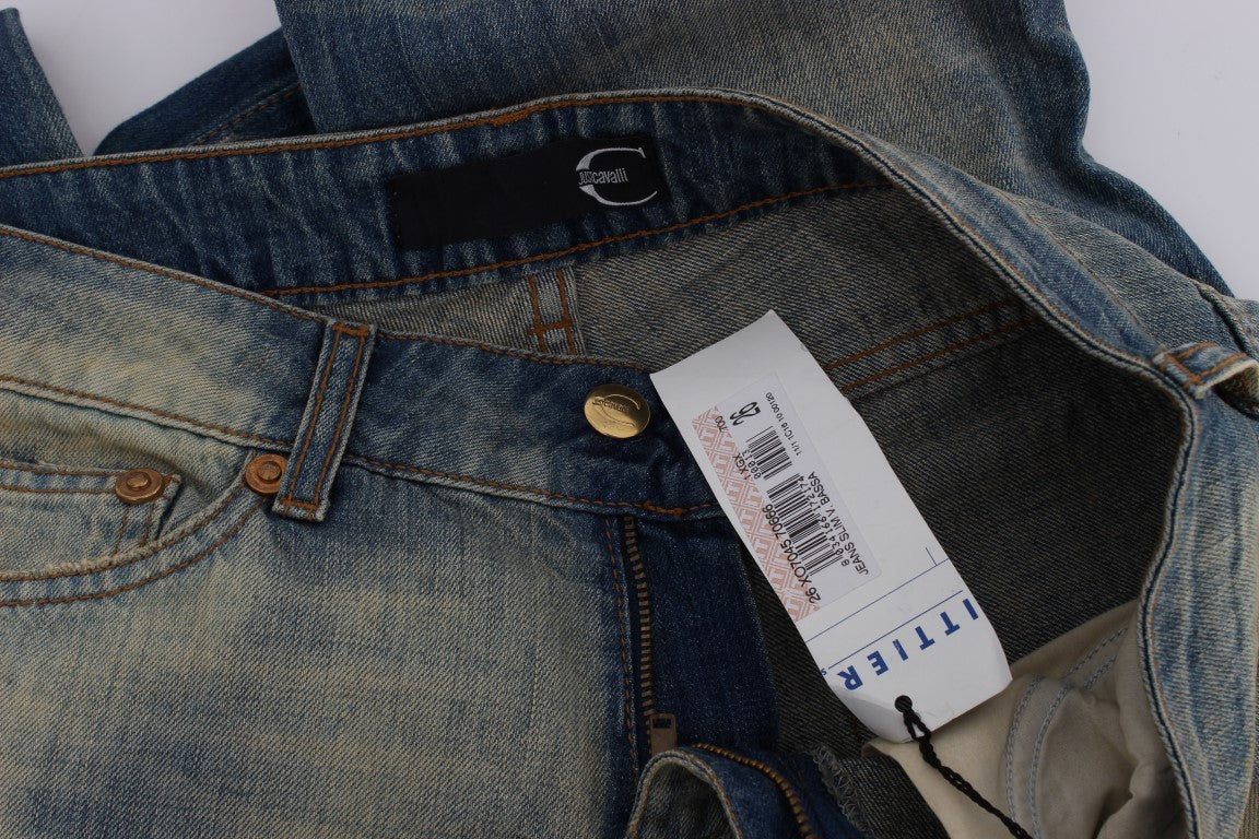 Vaqueros Cavalli de algodón azul lavado de corte pitillo con bajo acampanado
