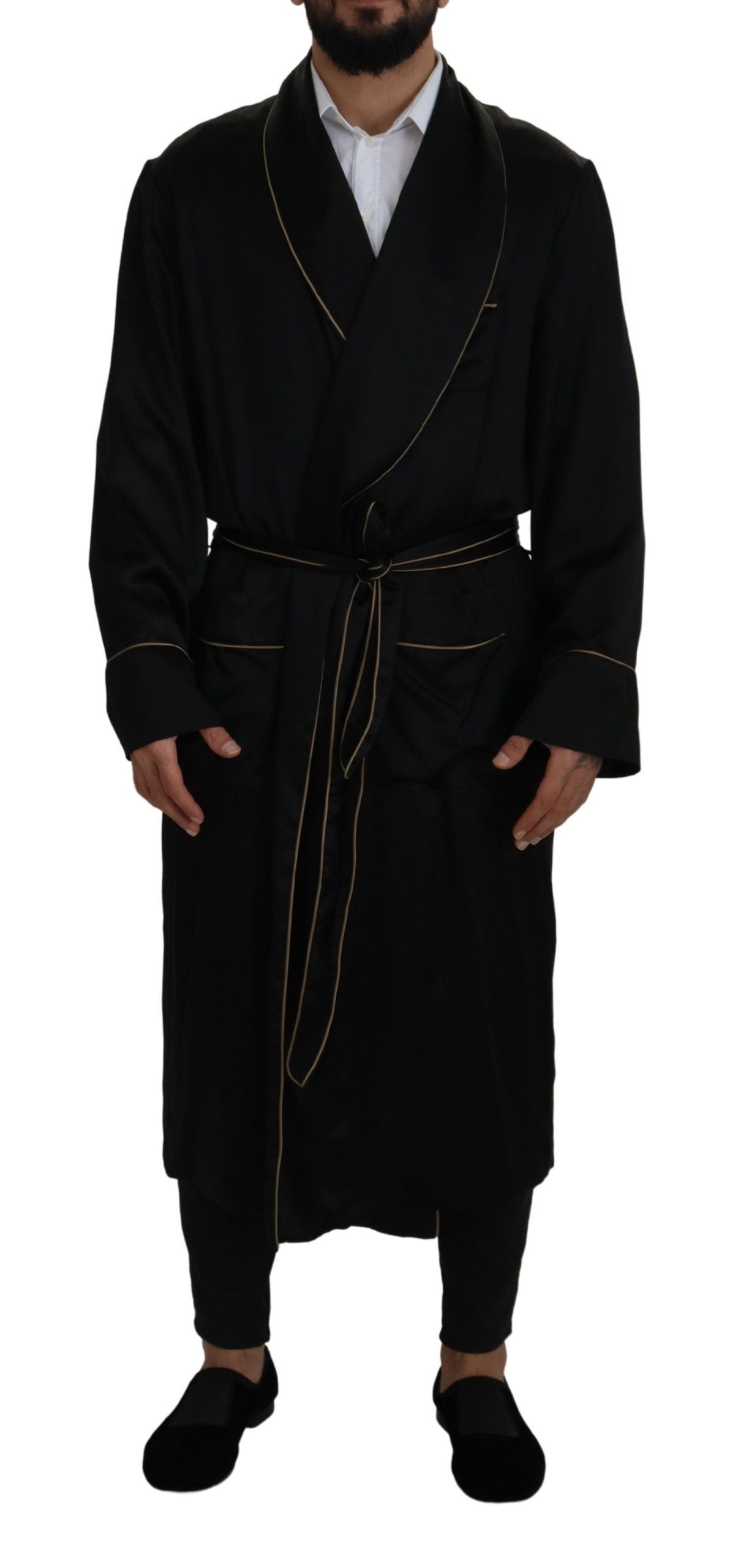 Dolce & Gabbana Negro 100% Seda Bata Abrigo Envolvente Chaqueta