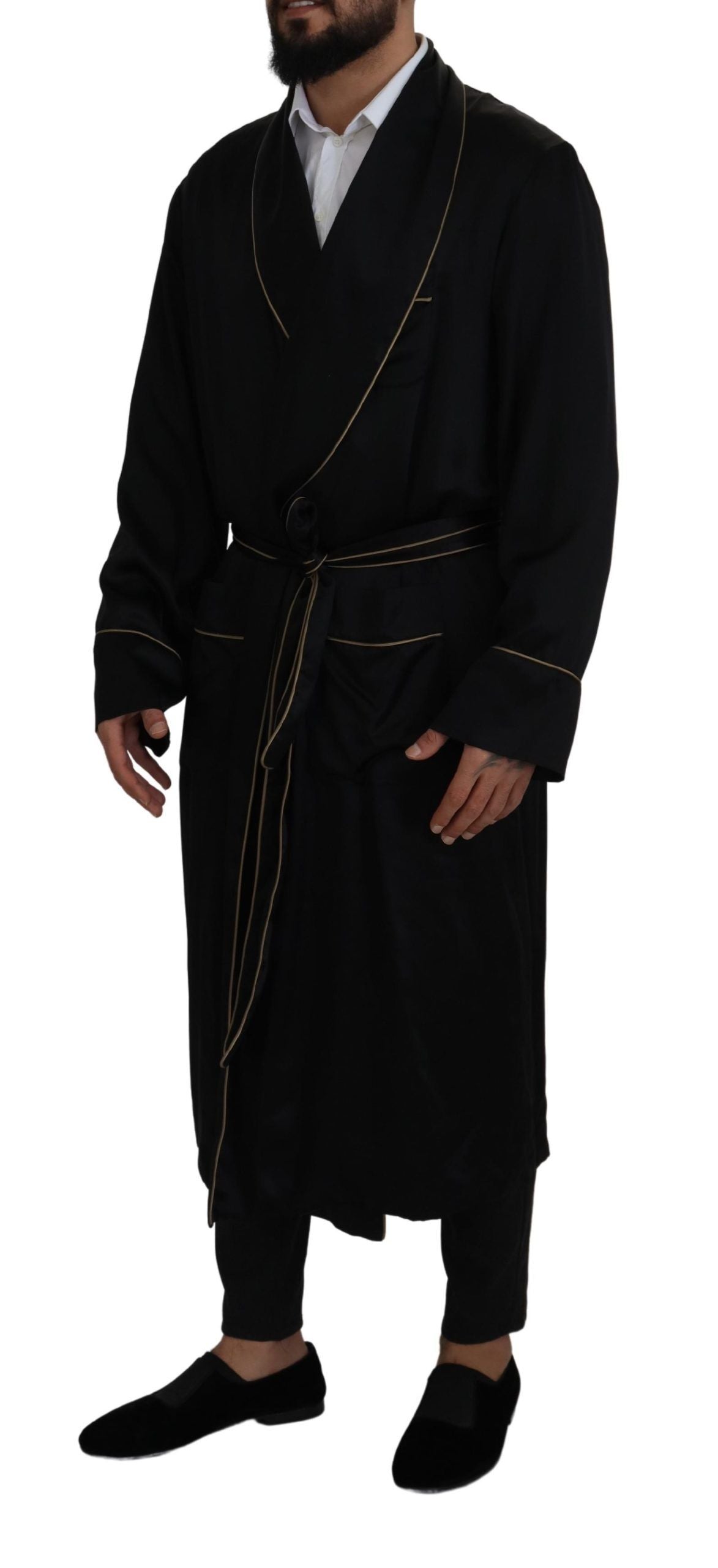 Dolce & Gabbana Negro 100% Seda Bata Abrigo Envolvente Chaqueta