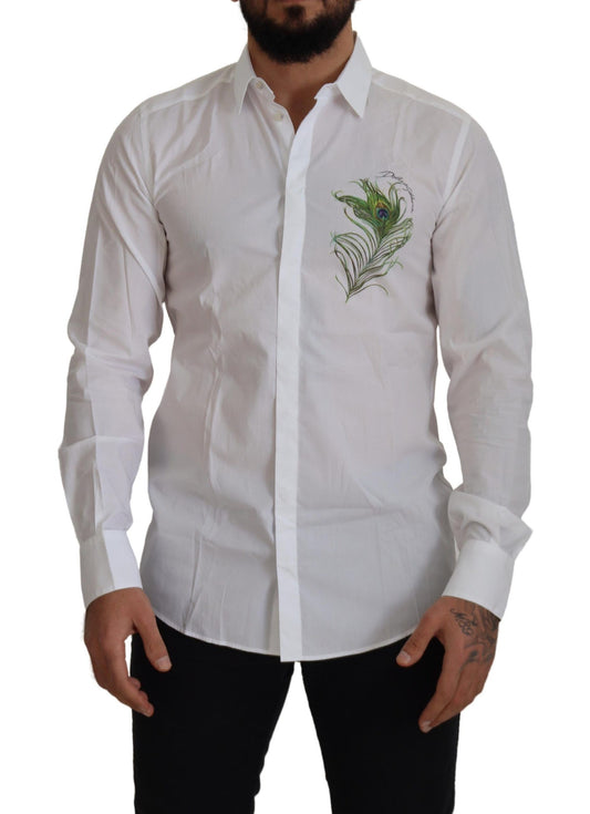 Camisa Formal DORADA de Algodón Blanco con Plumas de Pavo Real Dolce & Gabbana