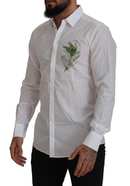Camisa Formal DORADA de Algodón Blanco con Plumas de Pavo Real Dolce & Gabbana