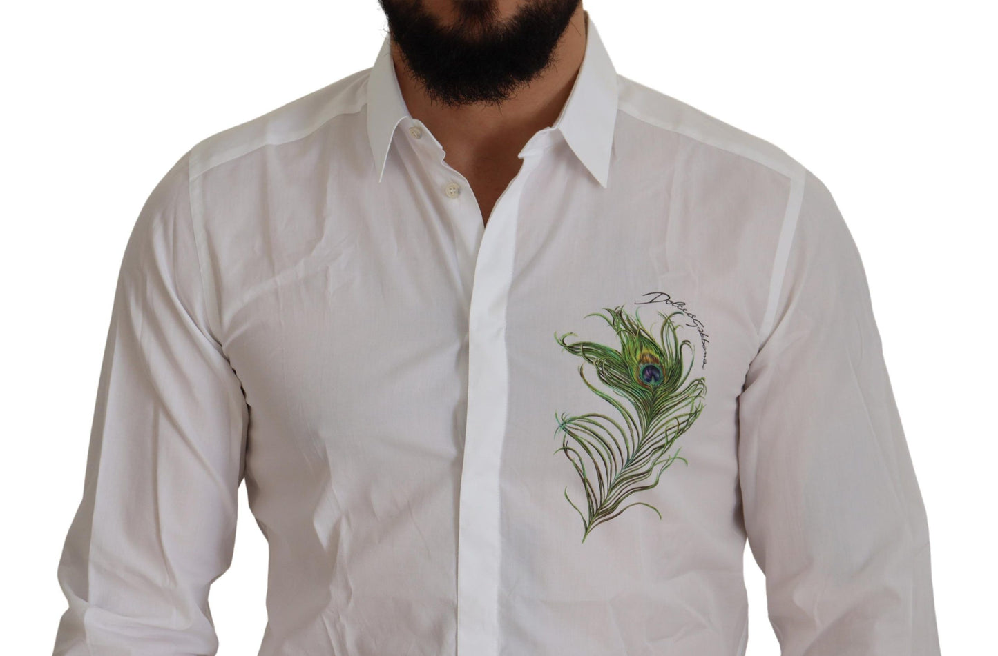 Camisa Formal DORADA de Algodón Blanco con Plumas de Pavo Real Dolce & Gabbana