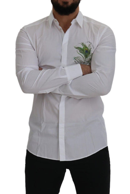 Camisa Formal DORADA de Algodón Blanco con Plumas de Pavo Real Dolce & Gabbana