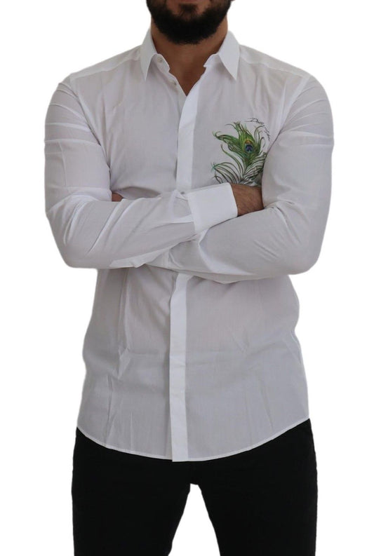 Camisa Formal DORADA de Algodón Blanco con Plumas de Pavo Real Dolce & Gabbana