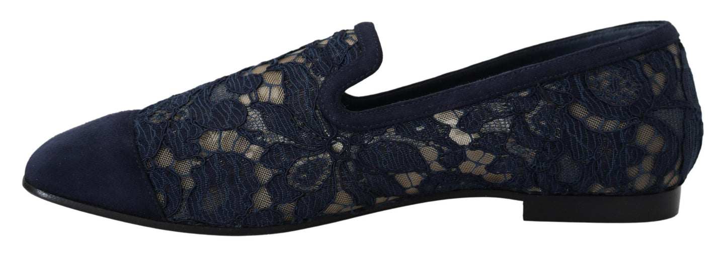 Zapatos planos tipo mocasín sin cordones de encaje floral azul Dolce & Gabbana