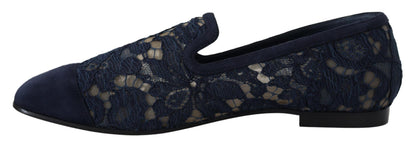 Zapatos planos tipo mocasín sin cordones de encaje floral azul Dolce & Gabbana
