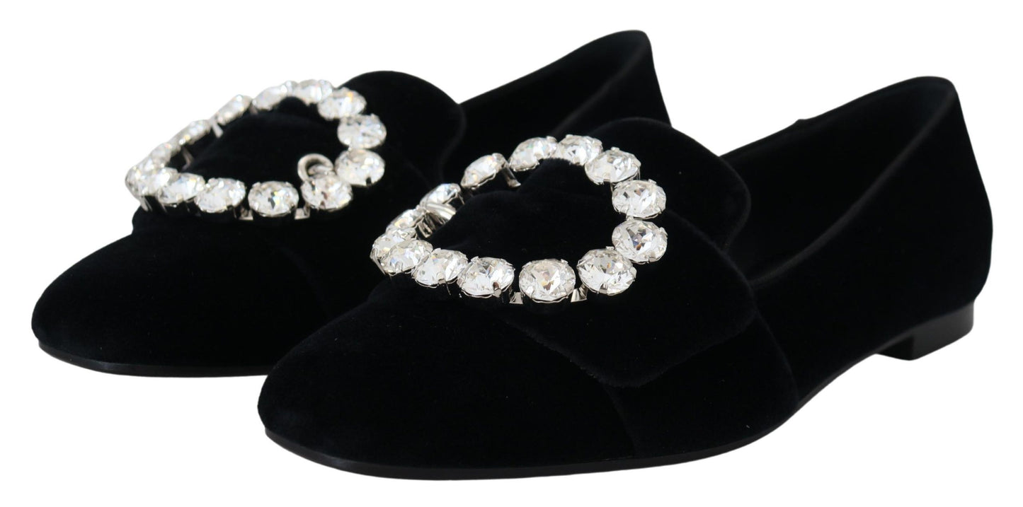 Zapatos planos tipo mocasín de terciopelo negro con cristales Dolce & Gabbana