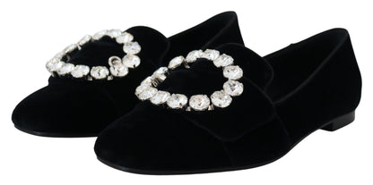 Zapatos planos tipo mocasín de terciopelo negro con cristales Dolce & Gabbana