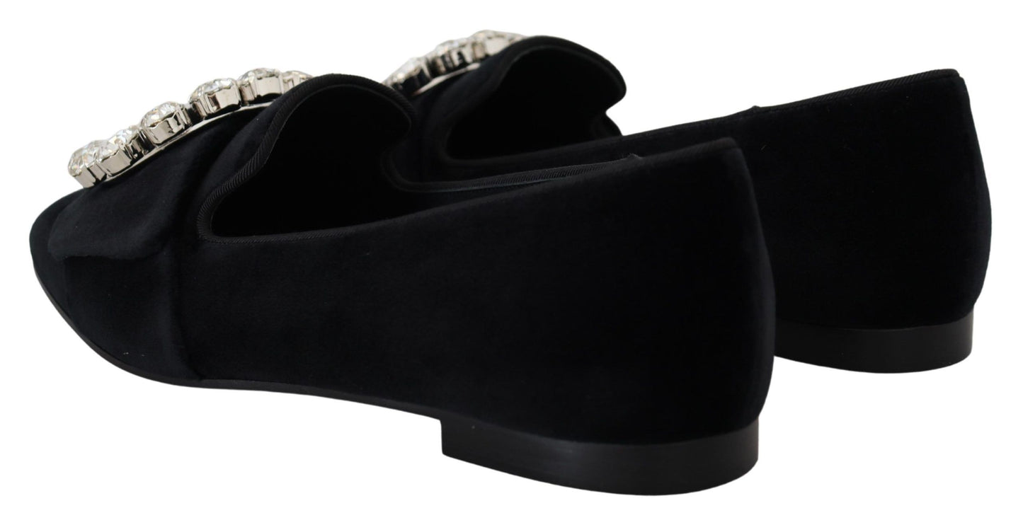 Zapatos planos tipo mocasín de terciopelo negro con cristales Dolce & Gabbana