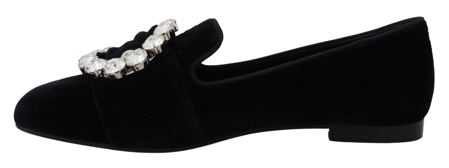 Zapatos planos tipo mocasín de terciopelo negro con cristales Dolce & Gabbana