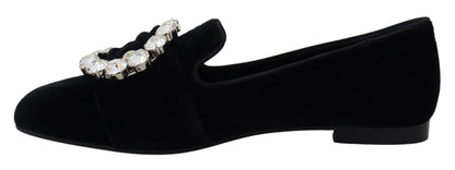 Zapatos planos tipo mocasín de terciopelo negro con cristales Dolce & Gabbana