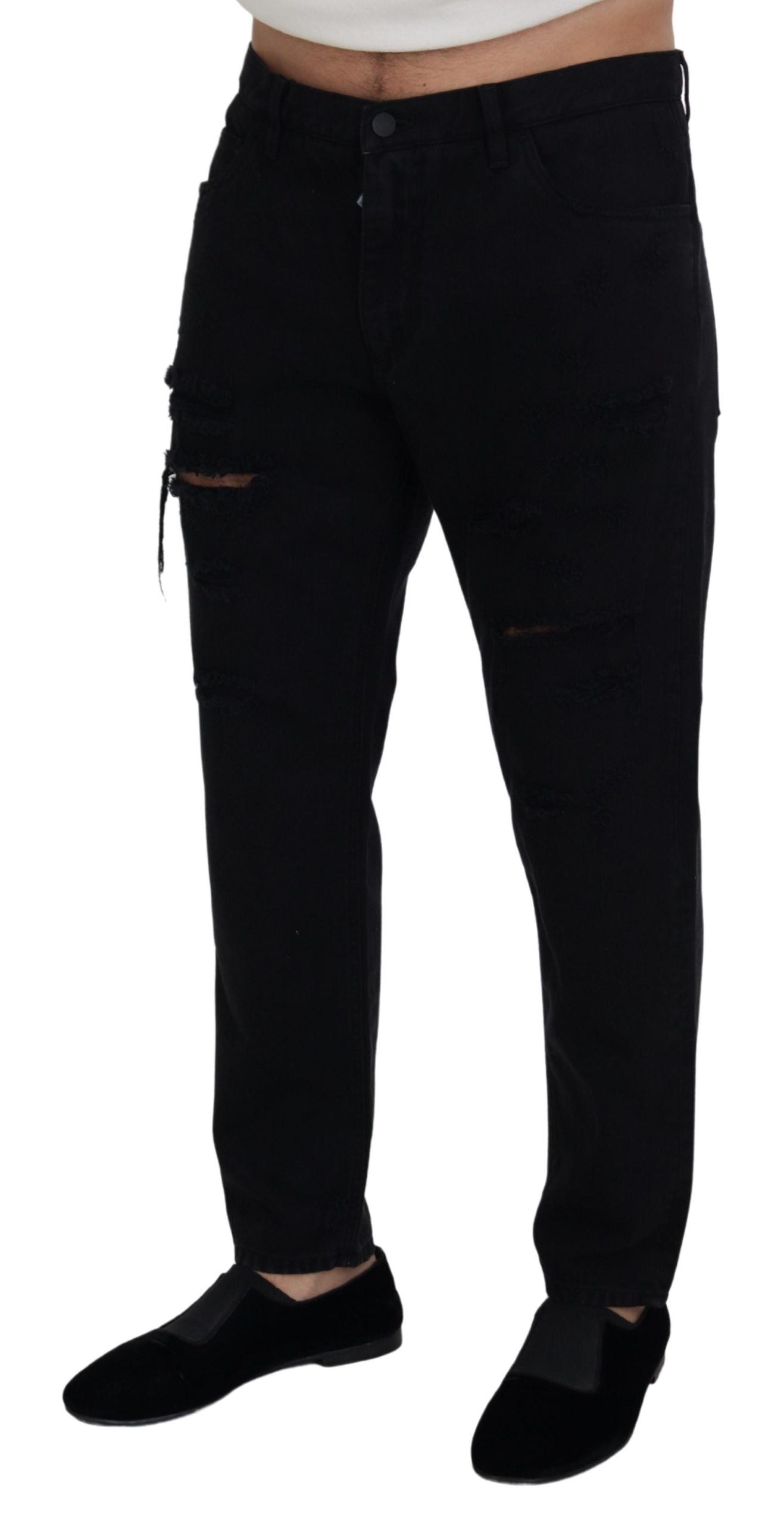 Dolce & Gabbana Vaqueros negros holgados de algodón rasgado de corte regular