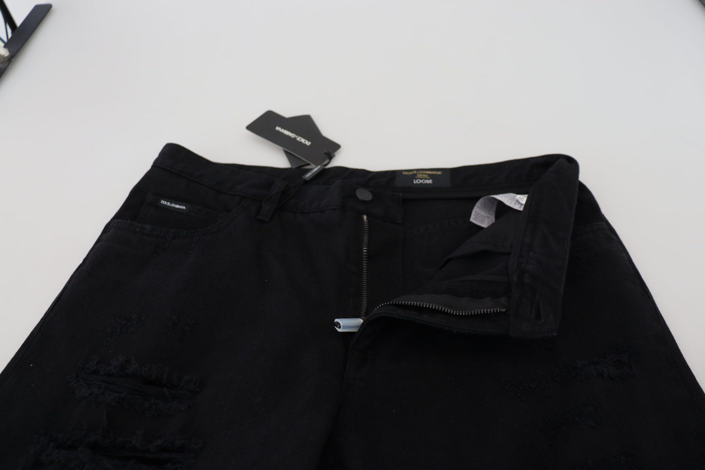 Dolce & Gabbana Vaqueros negros holgados de algodón rasgado de corte regular