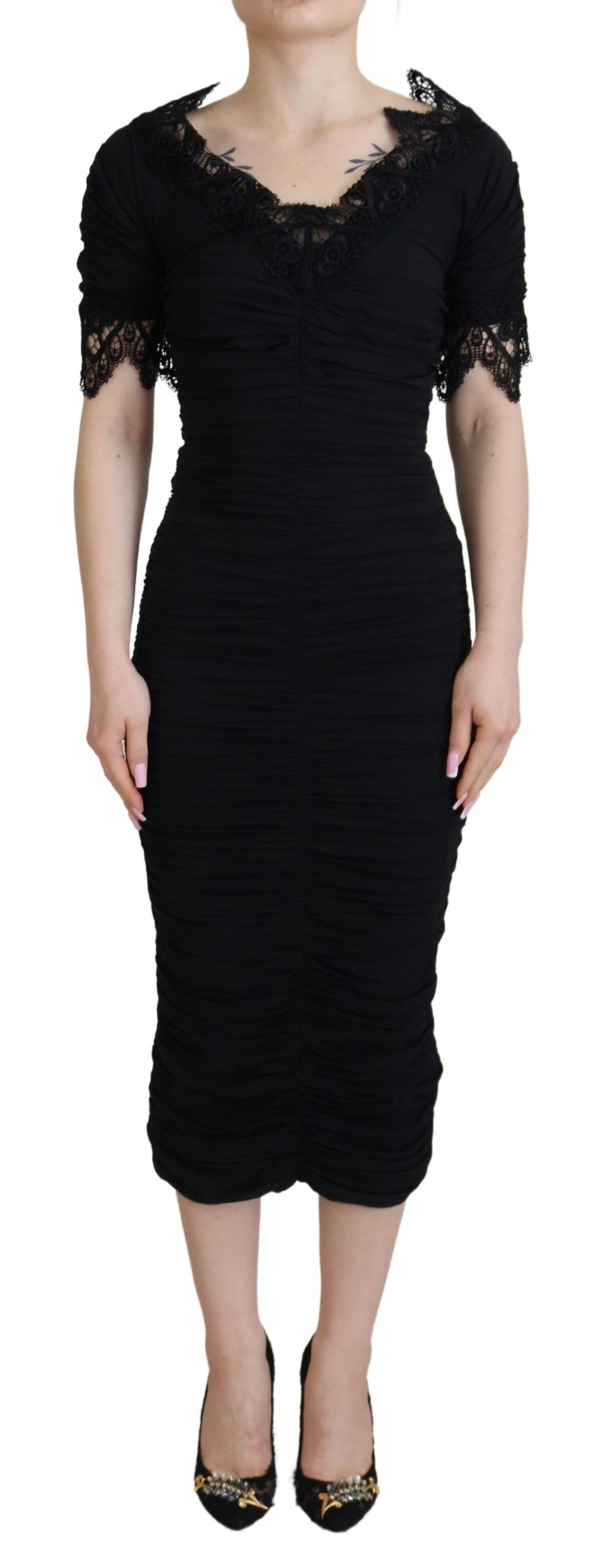 Vestido de seda entallado, tipo tubo, de encaje, midi, negro de Dolce & Gabbana