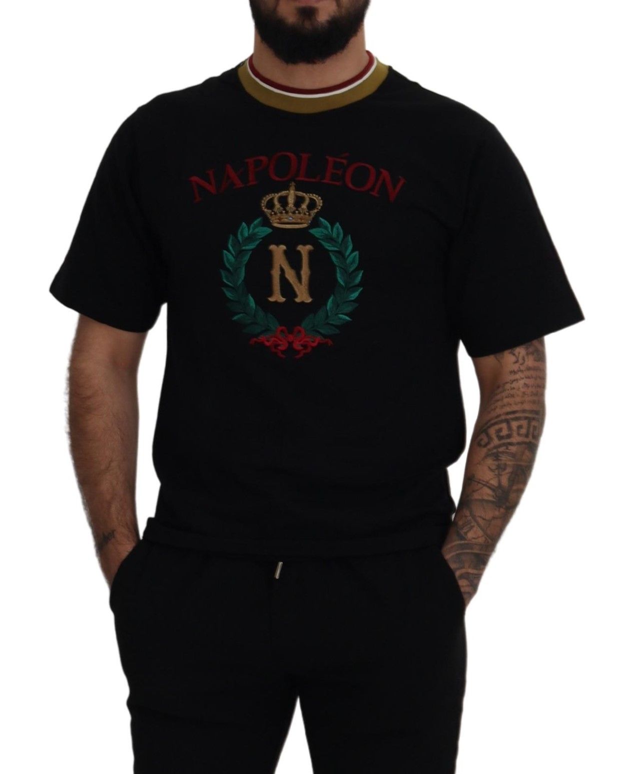Camiseta de cuello redondo bordada de algodón negro de Dolce & Gabbana