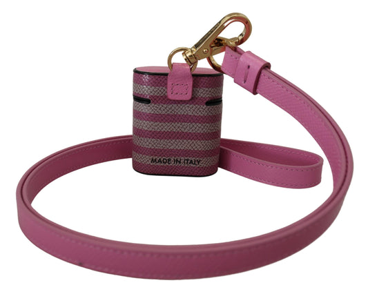Estuche para AirPods Dolce & Gabbana de cuero rosa y negro con correa y logo metálico dorado