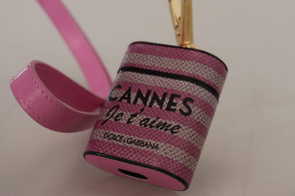 Estuche para AirPods Dolce & Gabbana de cuero rosa y negro con correa y logo metálico dorado