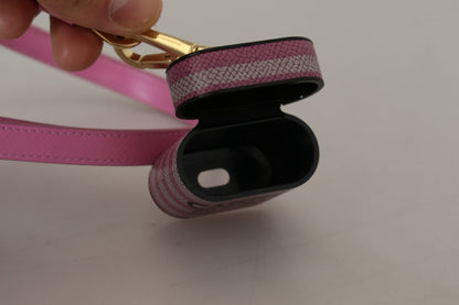 Estuche para AirPods Dolce & Gabbana de cuero rosa y negro con correa y logo metálico dorado