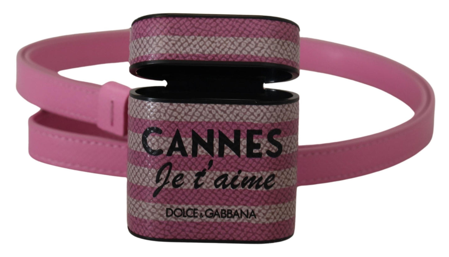 Estuche para AirPods Dolce & Gabbana de cuero rosa y negro con correa y logo metálico dorado