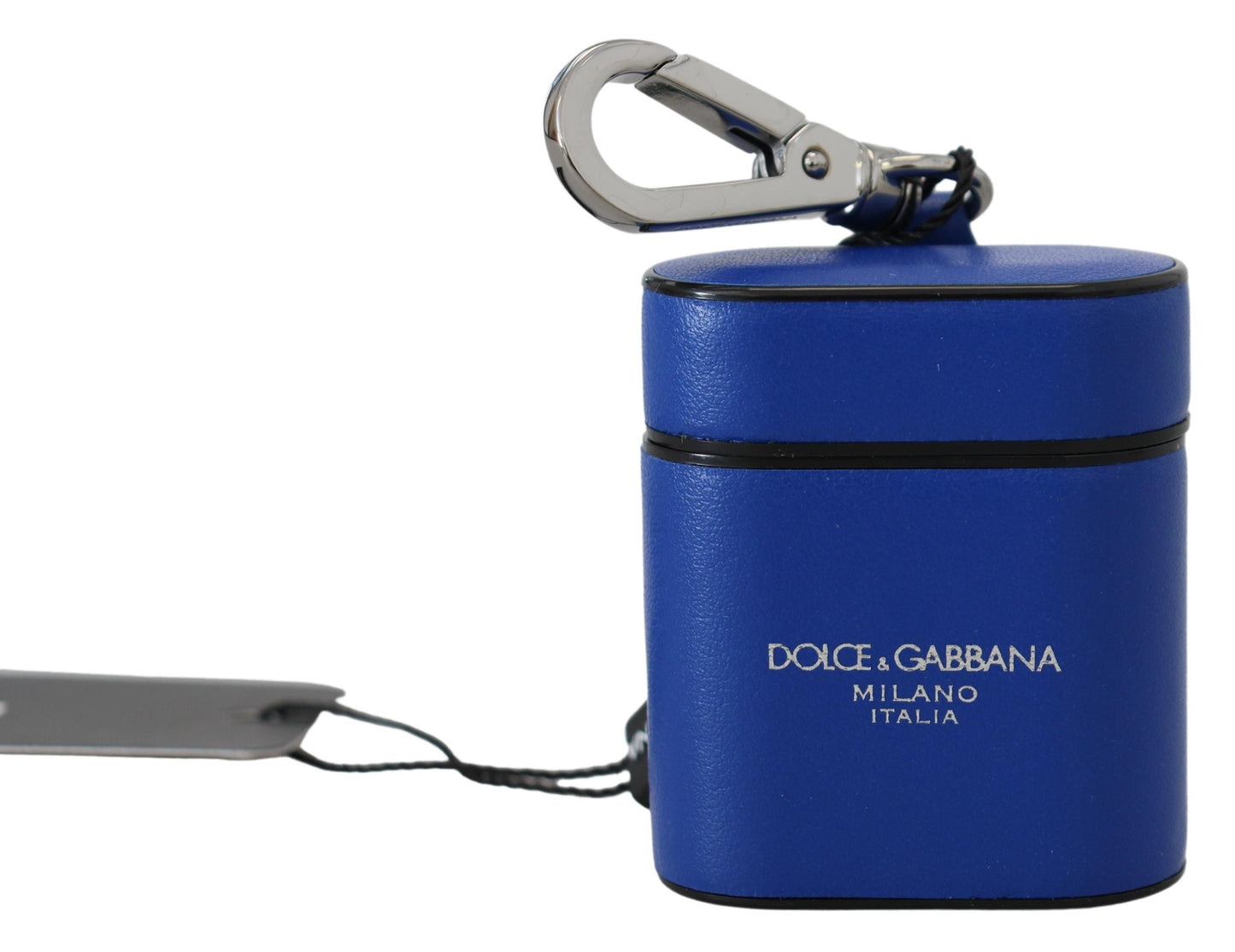 Estuche para Airpods Dolce & Gabbana de cuero azul con logotipo de metal plateado
