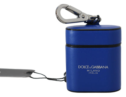 Estuche para Airpods Dolce & Gabbana de cuero azul con logotipo de metal plateado