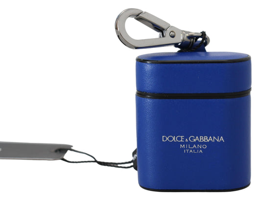 Estuche para Airpods Dolce & Gabbana de cuero azul con logotipo de metal plateado