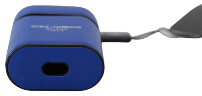 Estuche para Airpods Dolce & Gabbana de cuero azul con logotipo de metal plateado