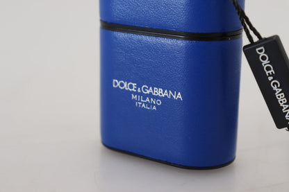 Estuche para Airpods Dolce & Gabbana de cuero azul con logotipo de metal plateado