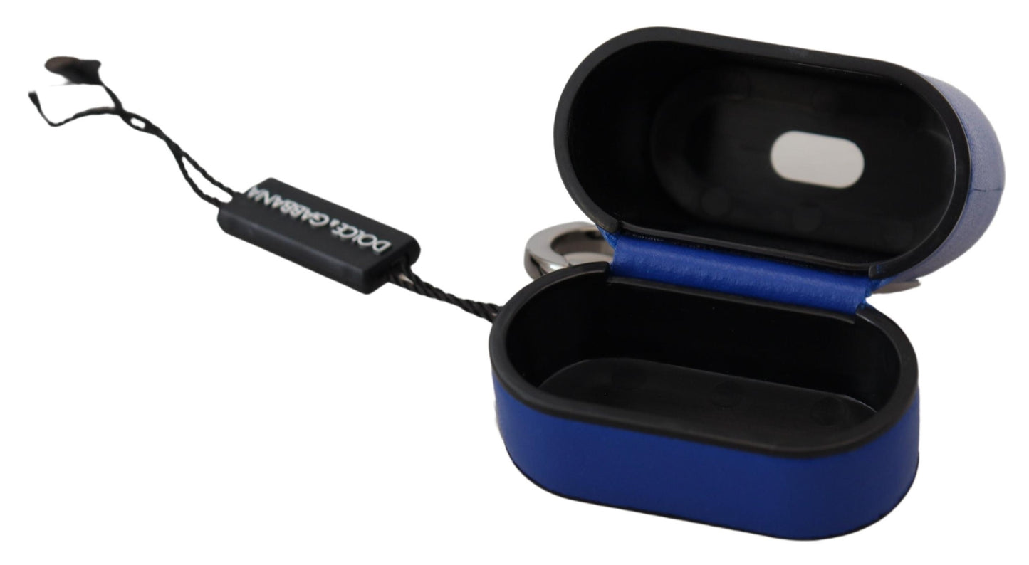 Estuche para Airpods Dolce & Gabbana de cuero azul con logotipo de metal plateado