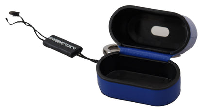 Estuche para Airpods Dolce & Gabbana de cuero azul con logotipo de metal plateado