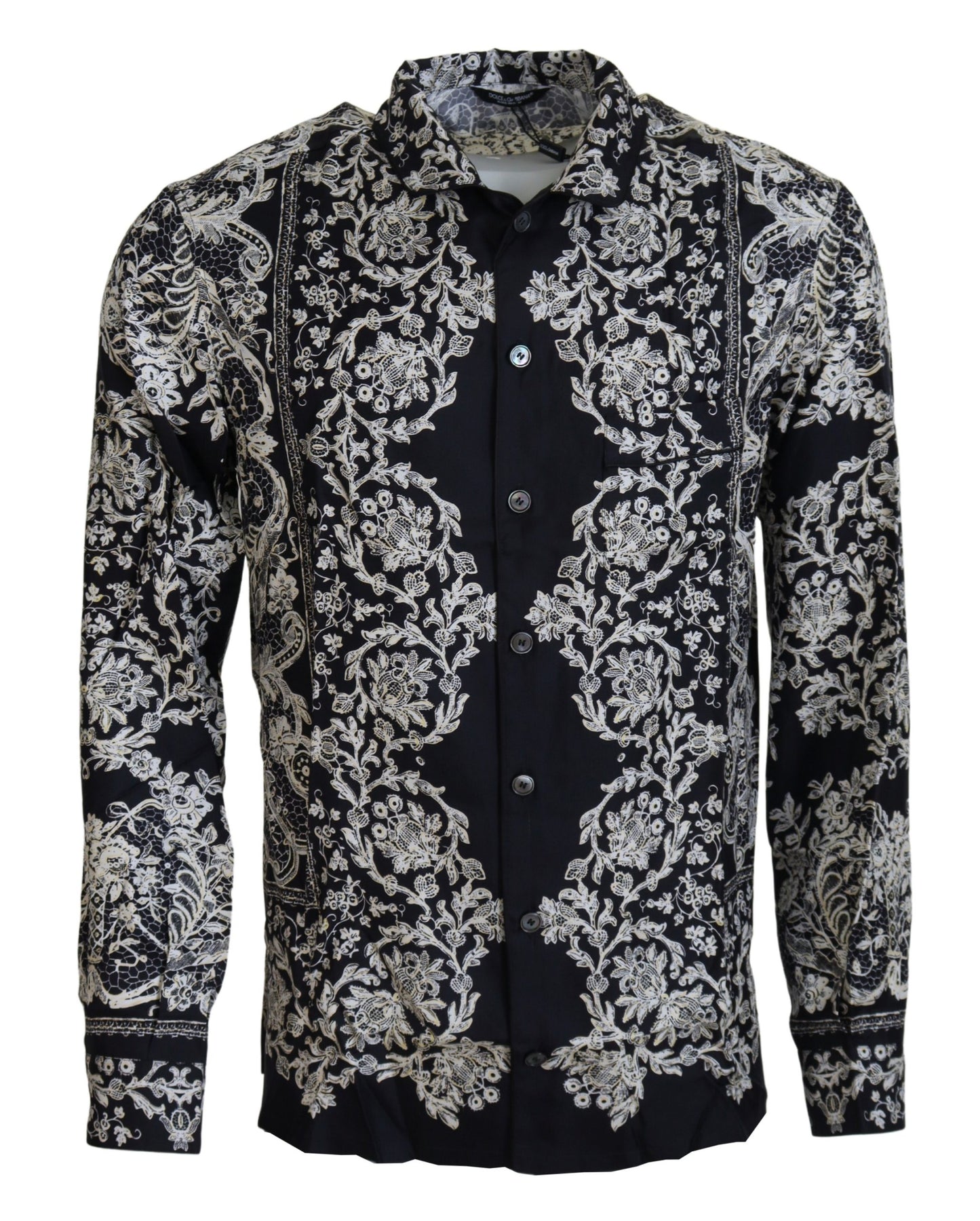 Camisa casual de satén con estampado floral barroco de seda azul de Dolce & Gabbana