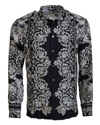Camisa casual de satén con estampado floral barroco de seda azul de Dolce & Gabbana