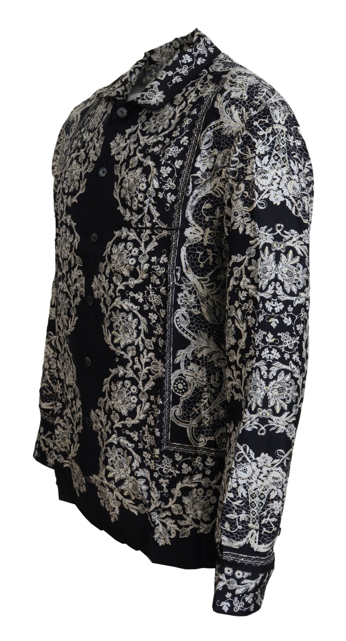 Camisa casual de satén con estampado floral barroco de seda azul de Dolce & Gabbana