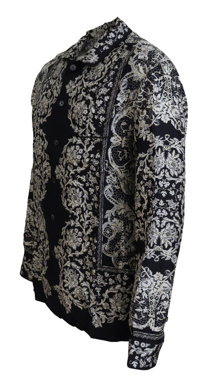 Camisa casual de satén con estampado floral barroco de seda azul de Dolce & Gabbana