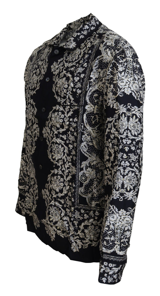 Camisa casual de satén con estampado floral barroco de seda azul de Dolce & Gabbana