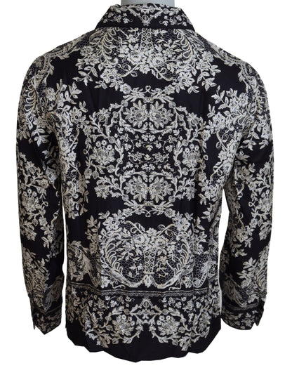Camisa casual de satén con estampado floral barroco de seda azul de Dolce & Gabbana