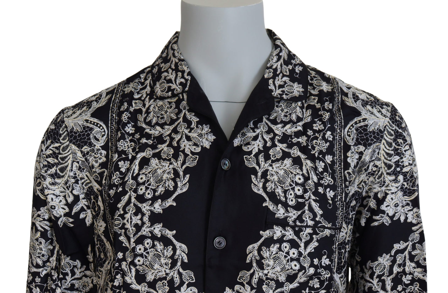 Camisa casual de satén con estampado floral barroco de seda azul de Dolce & Gabbana
