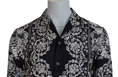 Camisa casual de satén con estampado floral barroco de seda azul de Dolce & Gabbana