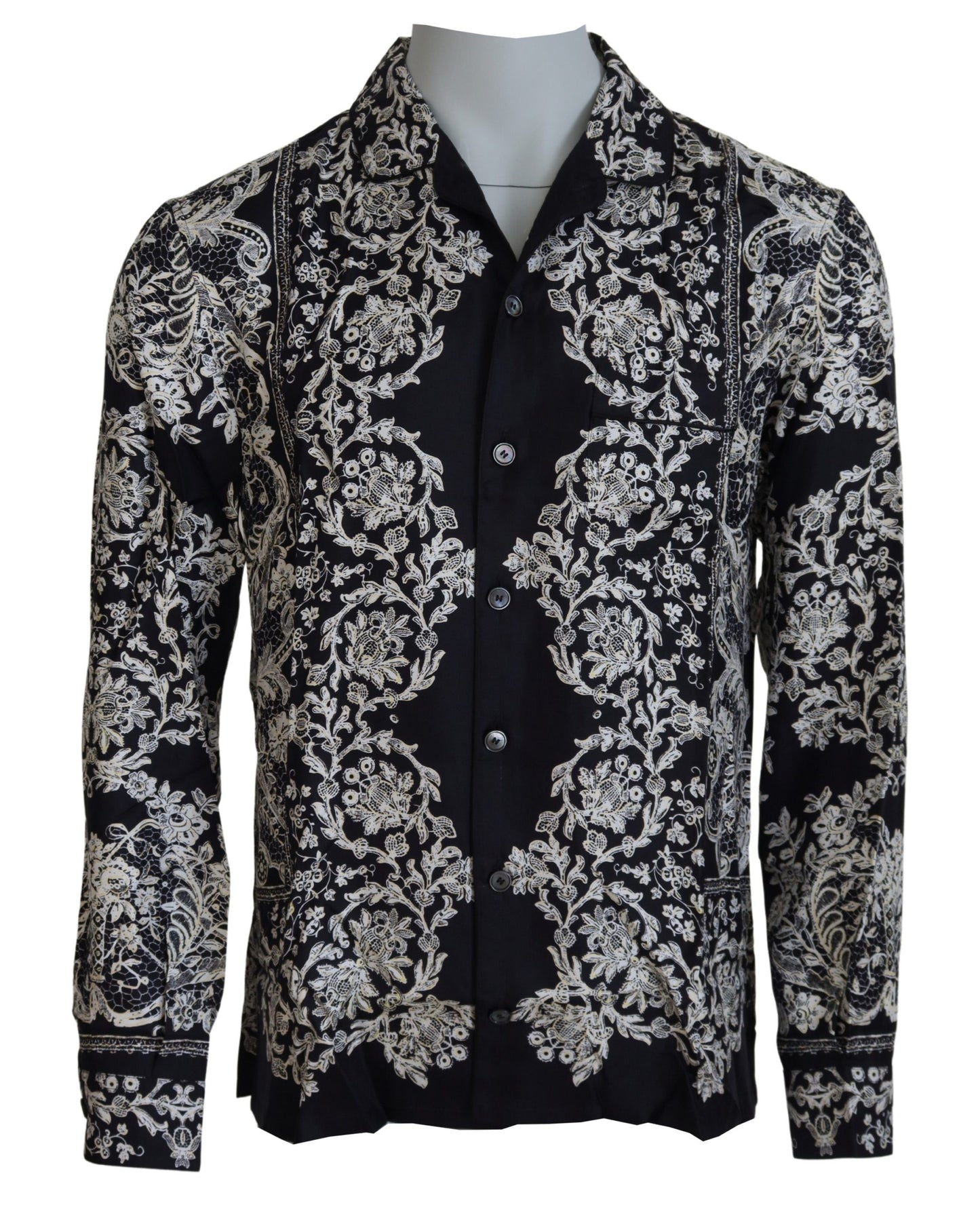 Camisa casual de satén con estampado floral barroco de seda azul de Dolce & Gabbana