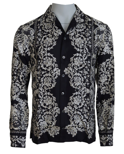 Camisa casual de satén con estampado floral barroco de seda azul de Dolce & Gabbana