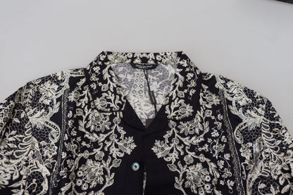 Camisa casual de satén con estampado floral barroco de seda azul de Dolce & Gabbana
