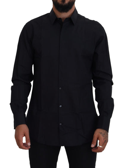 Camisa de vestir de algodón negra y dorada de Dolce & Gabbana de corte entallado para hombre