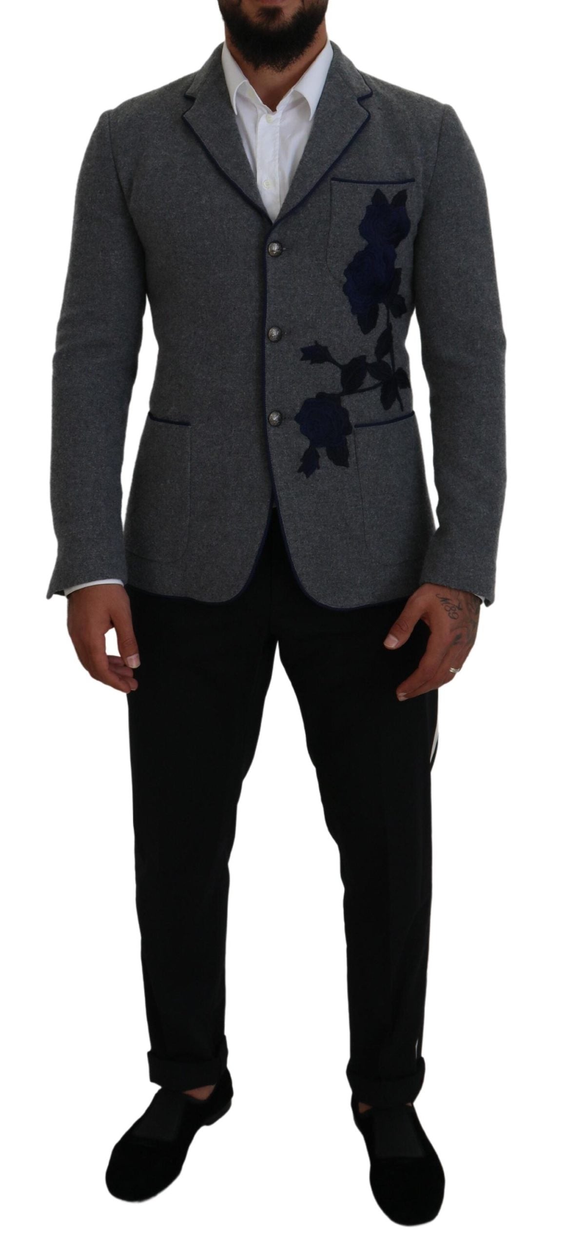 Chaqueta Blazer Dolce & Gabbana de Lana Gris con Rosas de Corte Entallado