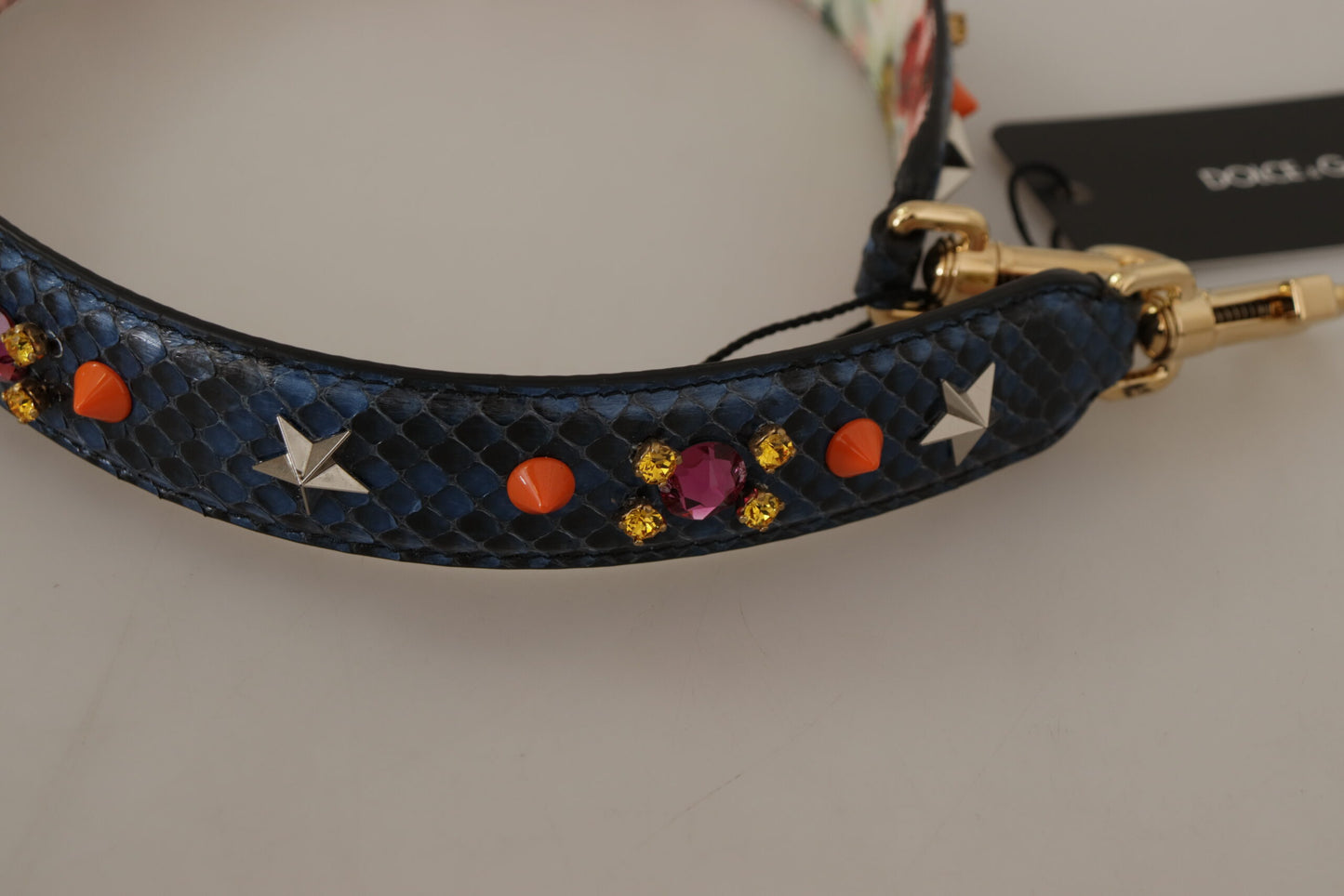 Correa de hombro reversible de cuero exótico azul con cristales de Dolce & Gabbana