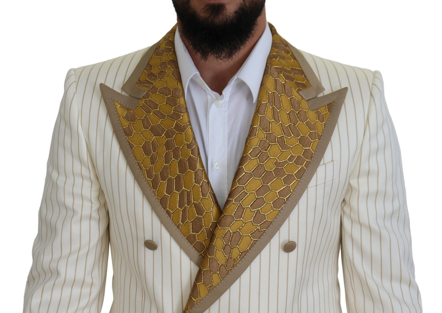 Traje de esmoquin a rayas blancas y doradas de corte slim de Dolce & Gabbana