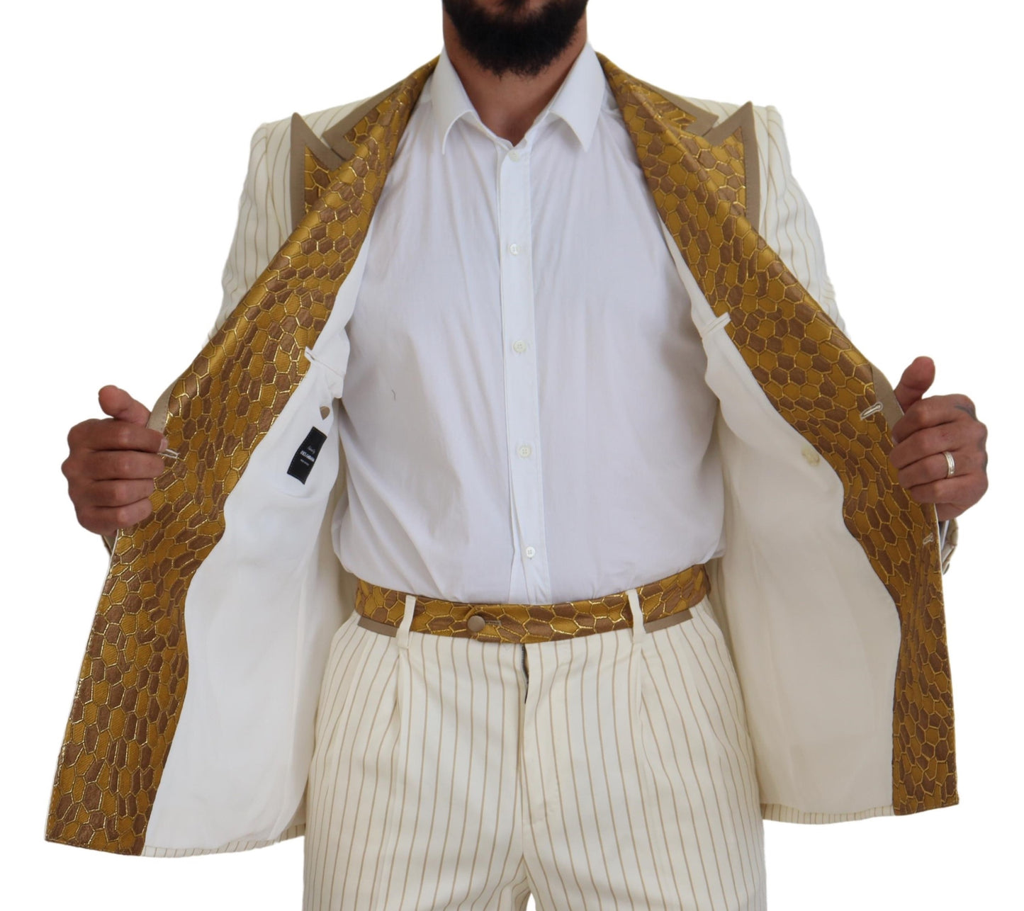 Traje de esmoquin a rayas blancas y doradas de corte slim de Dolce & Gabbana