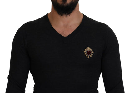 Jersey con cuello en V de cachemir gris con corazón dorado Dolce & Gabbana