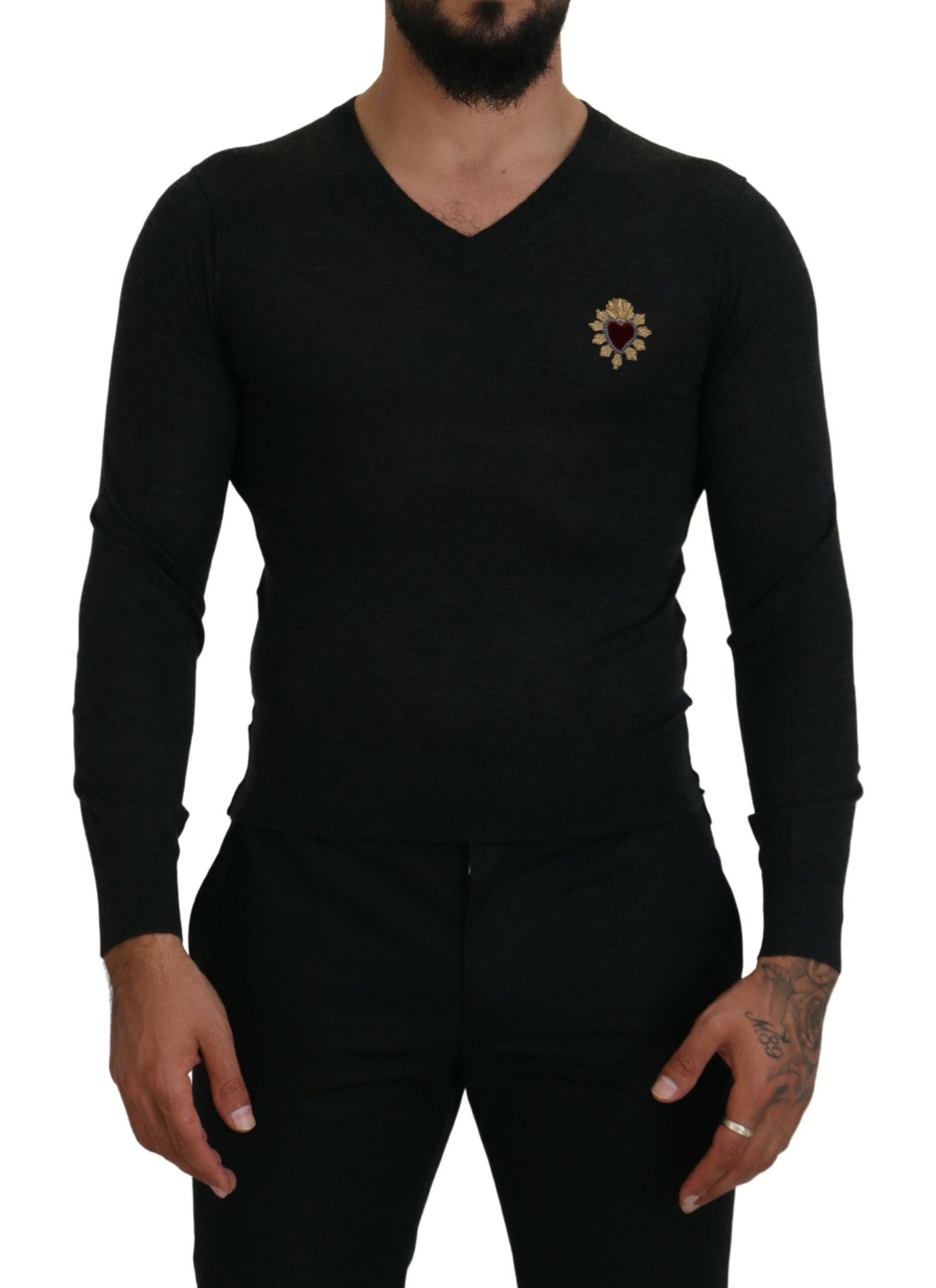 Jersey con cuello en V de cachemir gris con corazón dorado Dolce & Gabbana